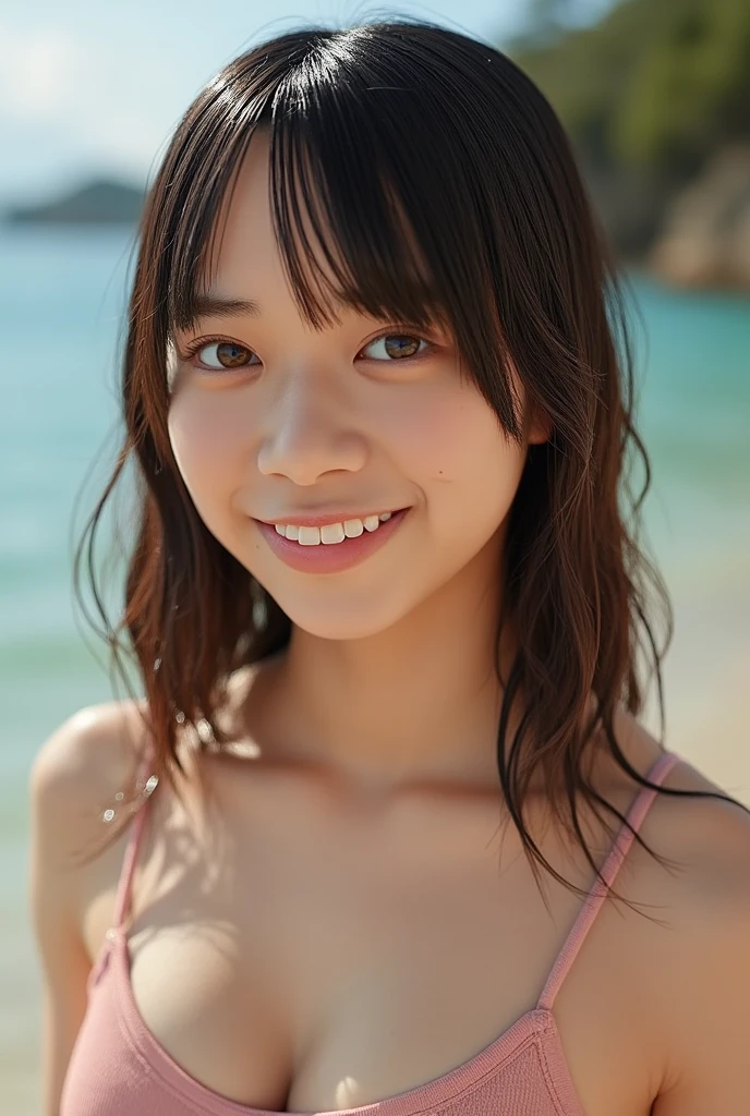 Photos of cute 18 year old Japanese girls、(whole body:1.4),Bob Hair、Droopy eyes、Tear bags、single eyelid、(1 girl:1.2)、Tank top、smile、beach