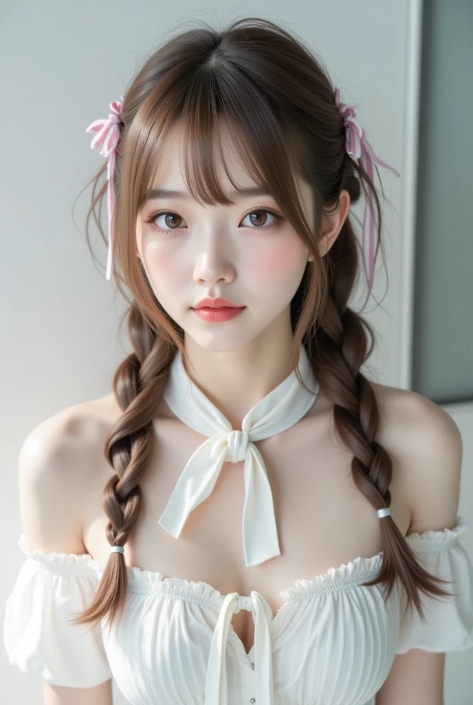 masterpiece, Highest quality, 8K, Absurd, (Upper Body:1.4), Black camisole, Beautiful girls, Beautiful Face, Looking at the audience, smile:1.1, Surreal, High resolution, photograph, Film Grain, chromatic aberration, Sharp focus, High resolution, Face Light, Dynamic Lighting, Cinema Lighting, Professional Shadow, Simple Background, (White Background:1.4), The finest details, Very detailed, Super detailed, In detail, Real Skin, Delicate facial features, Detailed face and eyes, Sharp pupils、Realistic student、low twintails、erect nipples、sheer、Low - Angle、From below、Looking into the camera