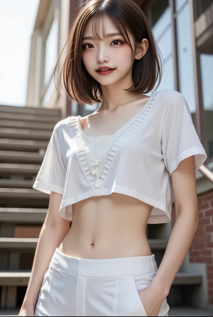 RAW, masterpiece, best quality, extremely detailed, 8k, HDR, photorealistic, intricate, (A skinny Korean girl), (black straight hair), (extremely-slim body), (narrow and small hips:1.3), (extremely-white pale-porcelain skin), smile, standing, outdoors, wearing a (opened front short sleeves shirt revealing bra), and (extremely-short black microskirt:1.4), (close-up picture) 