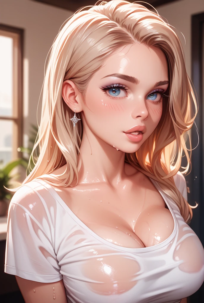 girl at a nightclub sitting at bar, eyeliner (masterpiece) (best quality) (detailed) (8k) (HDR) (wallpaper) (cinematic lighting) (sharp focus) (intricate) wavy blonde hair, biting lip, medium hair, slutty outfit, sexy, blush, aroused, cleavage, shiny , wet skin, girl, dark makeup, acting flirty, tucking hair behind ear