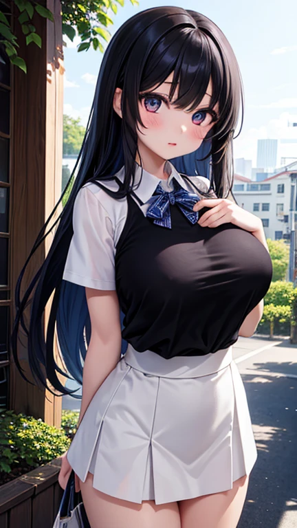 Anime Style。Cute and big eyes。A fourth grade elementary school student, she is 130cm tall.。Although she looks at first glance, her bust is actually very large and heavy.。The waist is very small。 Cute with a belt accentuating her slim waist Her thighs are big but firm, and her legs are slim.。Her chest is so large that you can see the sides of her chest even when seen from behind.。 She's thin, but her breasts are too big and saggy.。The chest area is wide open.、The underbust and waist are as thin as the neck。