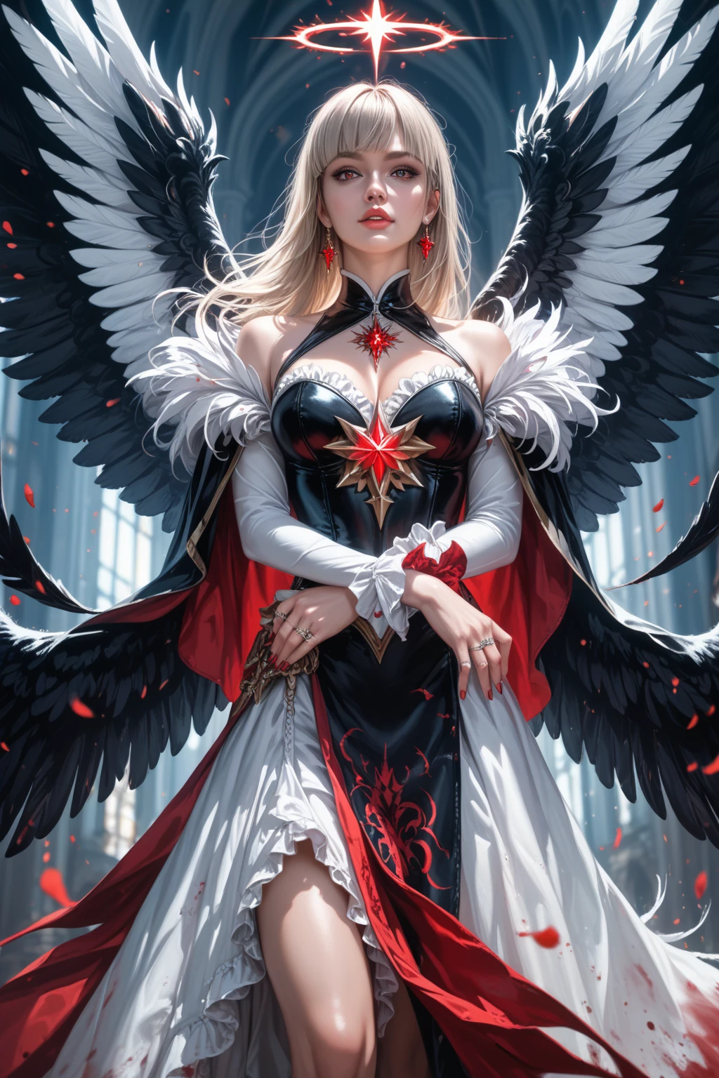 Ultra high quality,8K,Girls do not show their breasts,Lace top,High cold wind,red lip,The head proportions are perfect,silverlong hair,Princess dress red and white color scheme,Swan neck,and the sun is shining,necklace of diamonds,Get it all together,The color of the clothing is bright, High saturation,High detail depiction,wings
