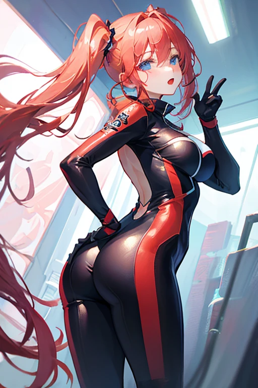 asukalangley, asuka langley soryu, blue eyes, hair between eyes, headgear, interface headset, orange hair,
BREAK bodysuit, long sleeves, plugsuit, red bodysuit,
BREAK outdoors, city,
BREAK looking at viewer, BREAK (masterpiece:1.2), best quality, high resolution, unity 8k wallpaper, (illustration:0.8), (beautiful detailed eyes:1.6), extremely detailed face, perfect lighting, extremely detailed CG, (perfect hands, perfect anatomy), rear view, ass,