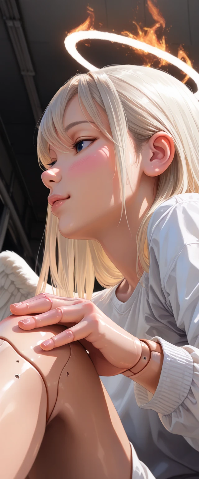 upper body, get down on one knee, ((Seen from Below and Ground Level Shots : 1.6)), close-up shot : 1.6, Profiles, profile, side, dramatic shot, Camera Captures Violent Movement, Angel Wings Flying in the Sky. Her Wings Are Burnt and Torn. The Sky in the Background Is Burning. White Angel Costume. angel halo. Angel Girl Blushing on Her Cheeks, dark blue eyes, (top quality, Super Detailed, absolute resolution, photorealistic, Anatomically Accurate), hang on, (masterpiece:1.3), (8k, realistic, Original photo, best image quality: 1.4), top quality, Super Fine, 16 kg,  Delicate and Dynamic, Light Emitting Diodes, Flowing Patterns in the Background, Decoration, Iridescent Neon Inflammation, nice, wind, bail_, Glow, Generate realistic images with the correct index , Natural fingers, Natural Joints  , (((Five Fingers))), Correct Hand Anatomy, Articulated fingers, (Clear Joint Fingers), natural pose, natural hand joints, depicting every detail, Hong Kong magic,