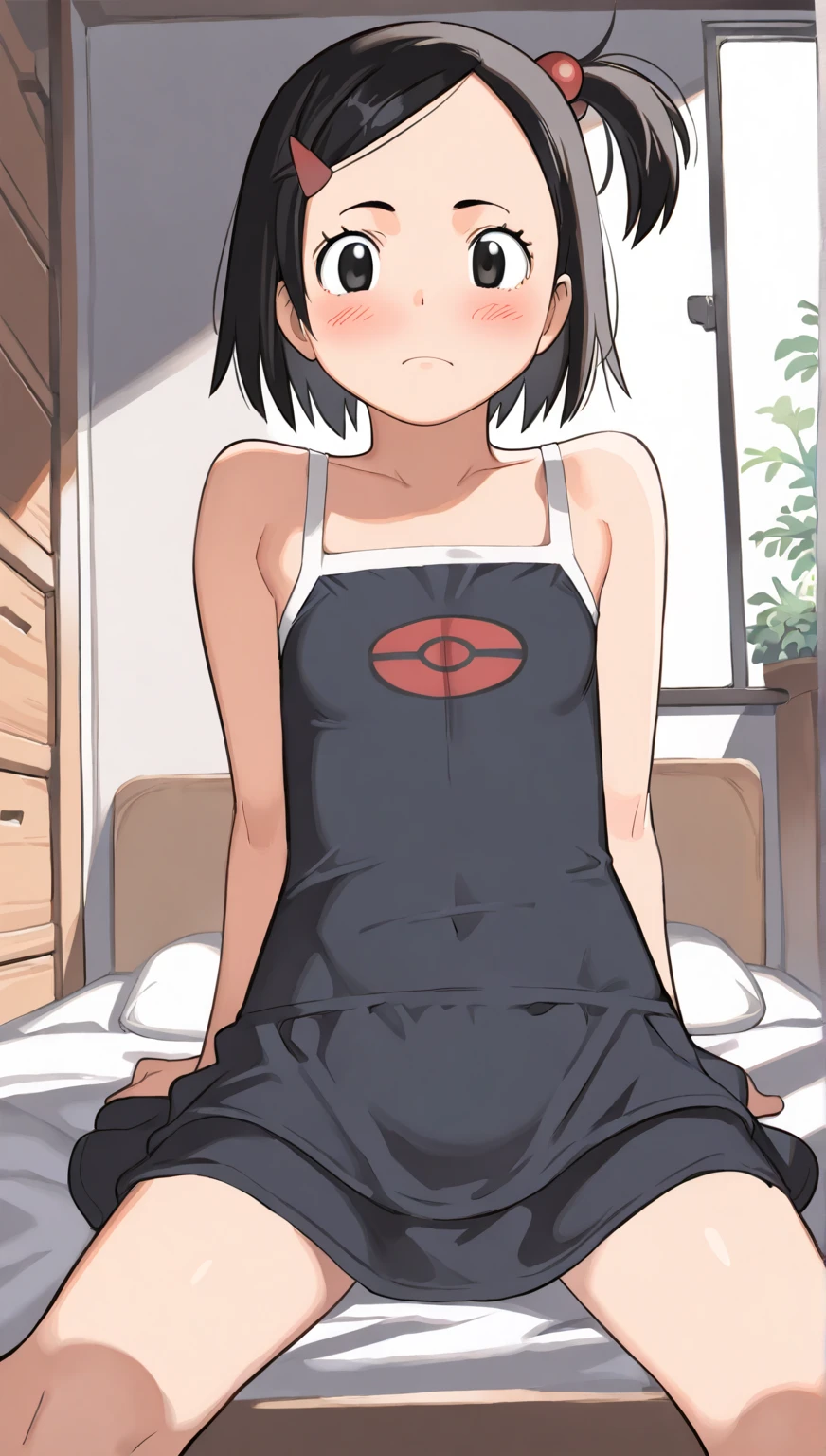 Zenko, 1girl, black hair, (sanpaku:1.2),hair ornament, hairclip, black eyes, short hair,indoor,bed room,masterpiece, expensive quality, Standing,very_expensive_solve, big_file size, full color,(completely nude:1.2),pussy,niplles,flat chest,toddler,night,