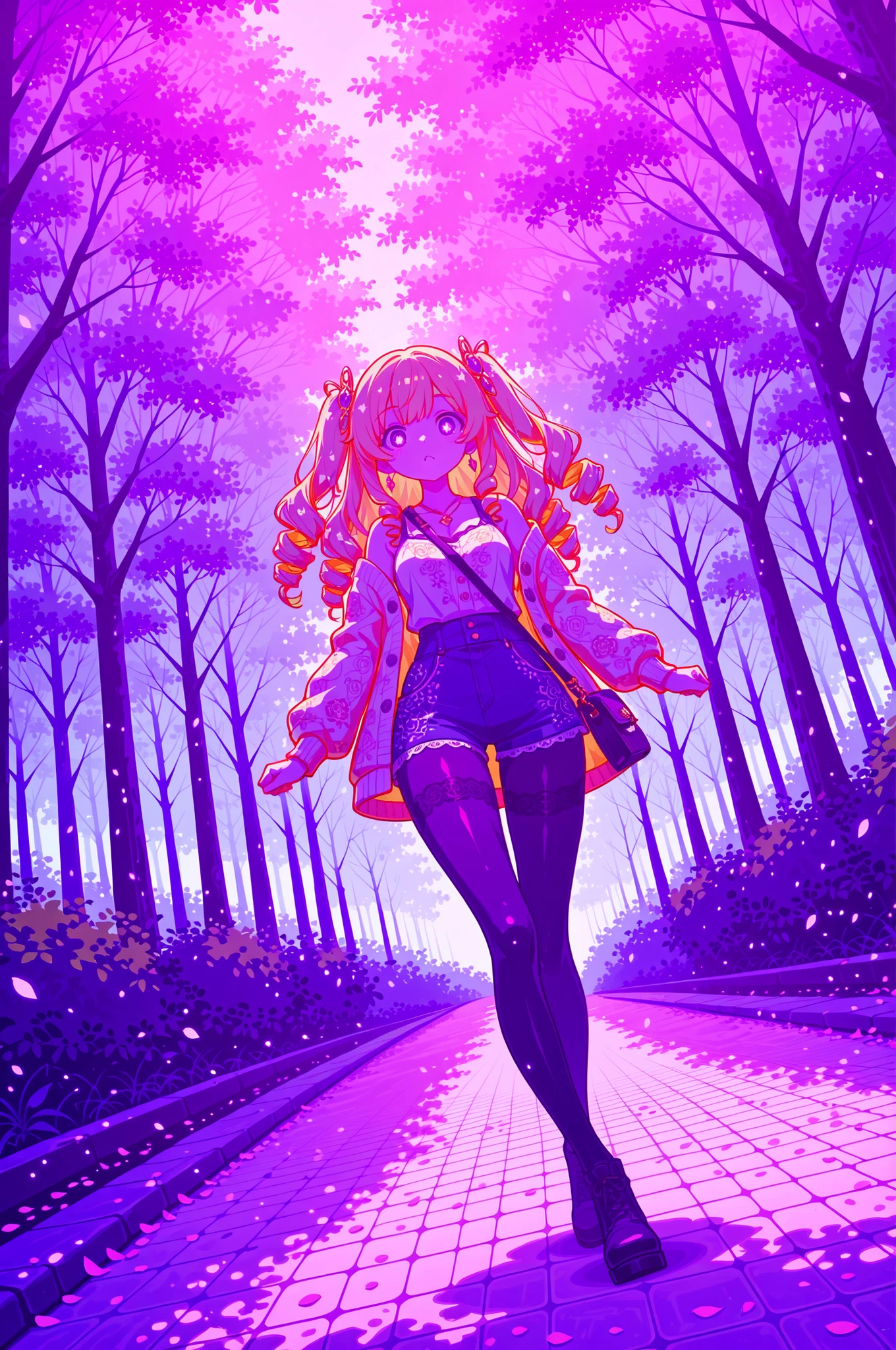 character:
base:subject 20-year-old Japanese anime girl, age young adult, style flat anime illustration
appearance:
hair:color shimmering golden blonde curls, length medium bouncy ringlets, style elaborate spiral curls, texture glossy silk texture, physics bouncing curl movement, accessories crystal hair ornaments scattered throughout
eyes:color deep violet purple eyes, shape large animated eyes, expression joyful bright expression, details kaleidoscope patterns with star-like sparkles
face:expression radiant genuine laughter, details flushed happy cheeks
body:build elegant curvy figure, posture animated walking pose, proportions idealized anime proportions
BREAK:true
outfit:
theme:spring casual wear with intricate patterns, color_scheme pastel yellow and white
components:
top:primary elaborately patterned cardigan with floral embroidery, secondary fitted tank top with lace trim, details mother-of-pearl buttons threatening to burst
bottom:type denim mini shorts with decorative patches, color light blue with gold threading, style vintage-inspired with modern details
legwear:type sheer black pantyhose, material ultra-fine mesh, details subtle shimmer effect
accessories:jewelry layered golden necklaces, other designer shoulder bag with complex hardware
BREAK:true
pose:
composition:framing upper body portrait from an angle, angle eye level perspective, perspective slight three-quarter view
body_pose:stance mid-step walking motion, arms swinging naturally, hands gesturing expressively, legs in walking stride
facial_expression:emotion pure unbridled joy, intensity maximum happiness, details eyes crinkled with laughter
BREAK:true
scene:
environment:setting cherry blossom lined pathway, location traditional park setting, atmosphere springtime celebration
background:elements thousands of pink sakura petals, details ancient cherry trees in full bloom, depth winding tree-lined path
lighting:primary soft spring sunlight, quality dappled natural light, direction filtered through