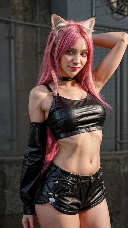 8k, A beautiful 17-year-old blonde woman, purple hair, black hair headband, green eyes, fitted red leather dress with a sexy neckline, (no bra), detail of body and face, defined thighs, beautiful buttocks, black garter belt, ((no panties)), ((camel toe)), ((Full body shot))