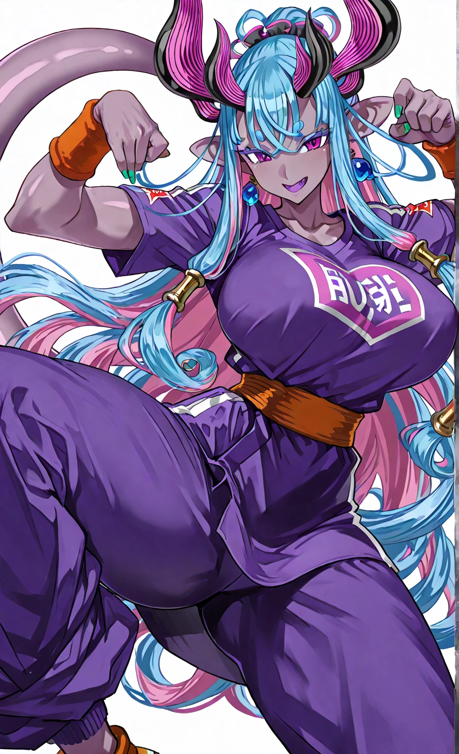 1 girl, big breasts, white long lab coat, cropped top, jeans shorts ((pink skin)) dragon ball ((Android 21)) ((white long hair)) ((evil smile)) ((good body)) ((good hands)) 1k