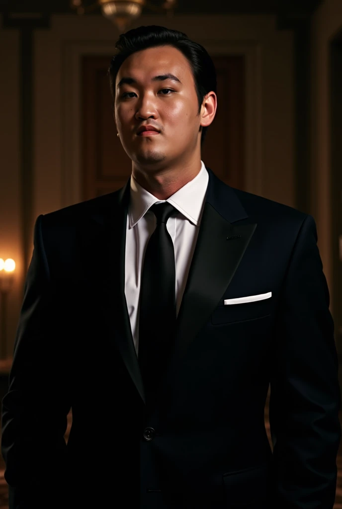 Best quality, Masterpiece, 超高分辨率, Photorealistic:1.4, 1boys, Light and shadow, 1boys,Korean men， Male focus, Solo, formal, with short black hair, neck bowtie, shirt, suit, belt, Pants, Black pants, Black suit, White shirt, Indoors, hand in own hair, Jacket, a black bowtie, Long sleeves, Black belt, Collared shirt, Cowboy shot,
