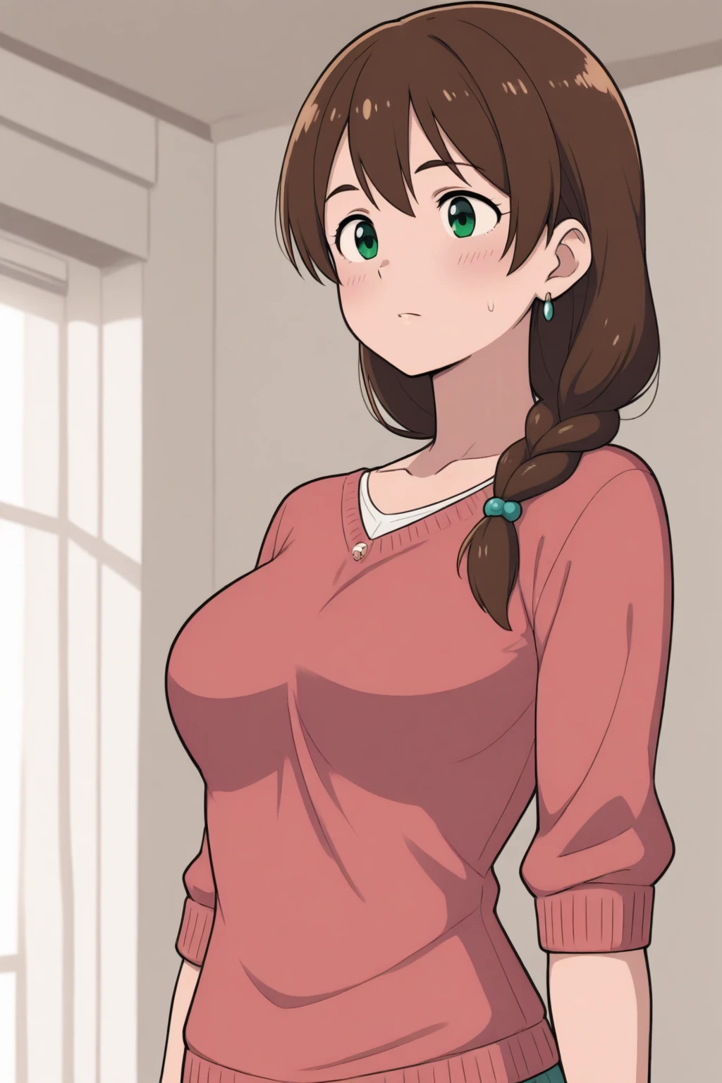 (masterpiece, best quality), 1girl,   < <lora:MisoraAkebi:0.8> MisoraAkebi, 1girl, solo, short hair, blue eyes, black hair, large breasts, long sleeves, pants, pink sweater, denim, jeans, mature female, turtleneck sweater,
