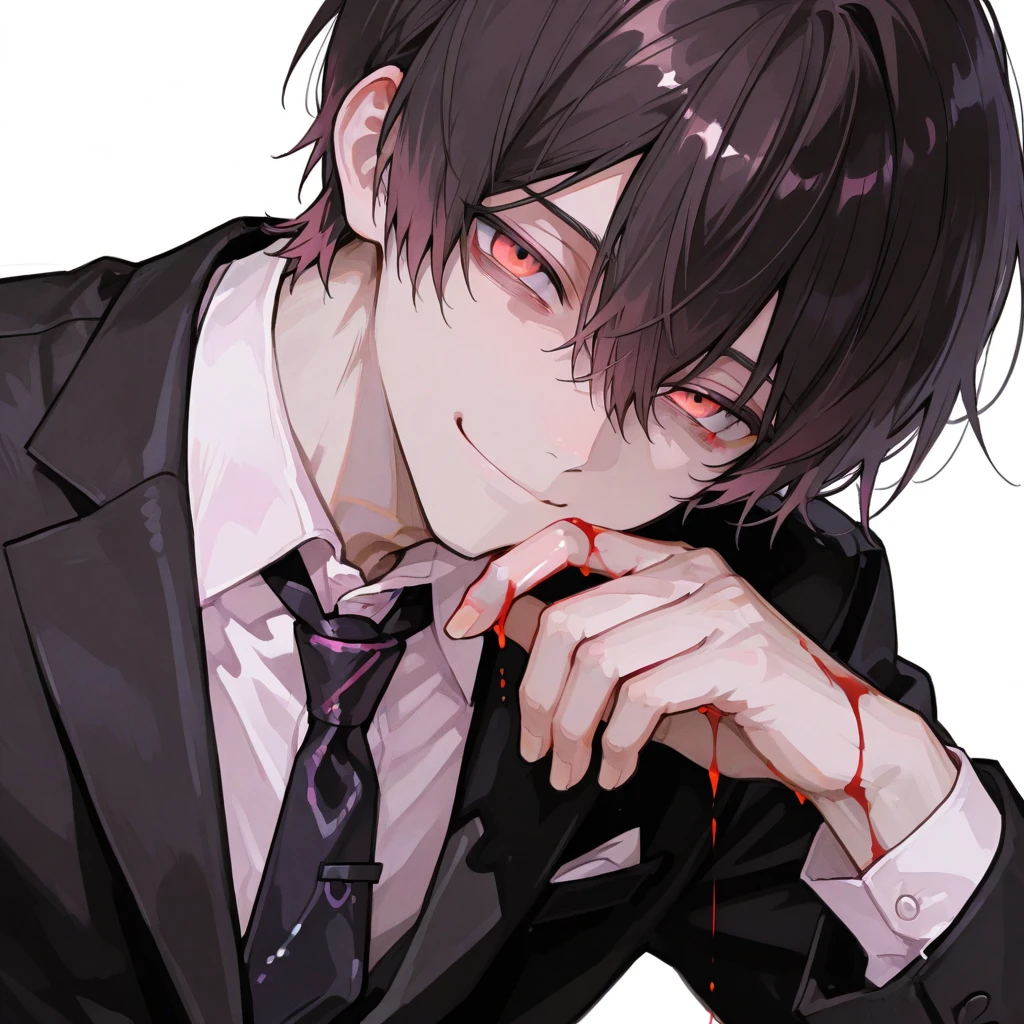 Boy with wedding clothes black hair dark brown eyes sword-cut sicatris coming from the corner of the jaw to near the right eye