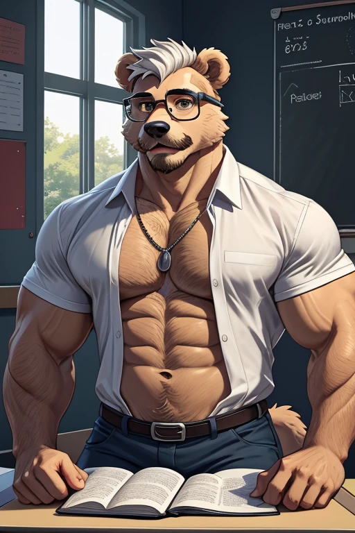 ((solo)), male, anthro (brown bear), ((white shirt, black slacks, open shirt, exposed torso, bulge, cum in pants, belt)), ((standing, modern bedroom, detailed background)), ((muscular, beefy:1.4)), by personalami, by ruardri, by thebigslick, by kenket, big nipples, (epic, masterpiece, high quality, correct anatomy:1.2), (posing), (belly), (smile), ((mature male))