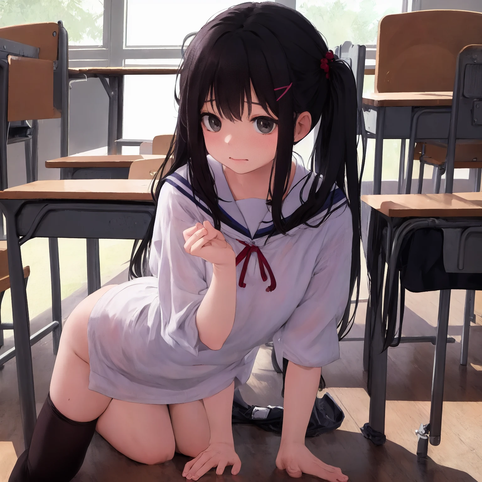 NSFW、Oral blowjob、Continuous blowjob、Naughty junior high school girls、Completely naked、Splash a lot of semen、Semen splatters over a wide area、Sexy body、Black Haired Beautiful Girl、Crisp eyes、Naughty lips、Drooling、Collarbone in full view、 fully exposed、small breasts with bulge、Semen dripping on my chest、Nipples fully visible、Nipples are erect、Belly button fully visible、Pussy in full view、Wet pussy、Sexy thighs、Semen dripping down my thighs、Black socks、Inner thighs、Drenched in sweat、Hide your arms behind your back、Handcuffs on both arms、Embarrassed expression、Looking up、Watery eye、Classroom Classroom Floor、Sitting on the floor、Desk around、Watching from above