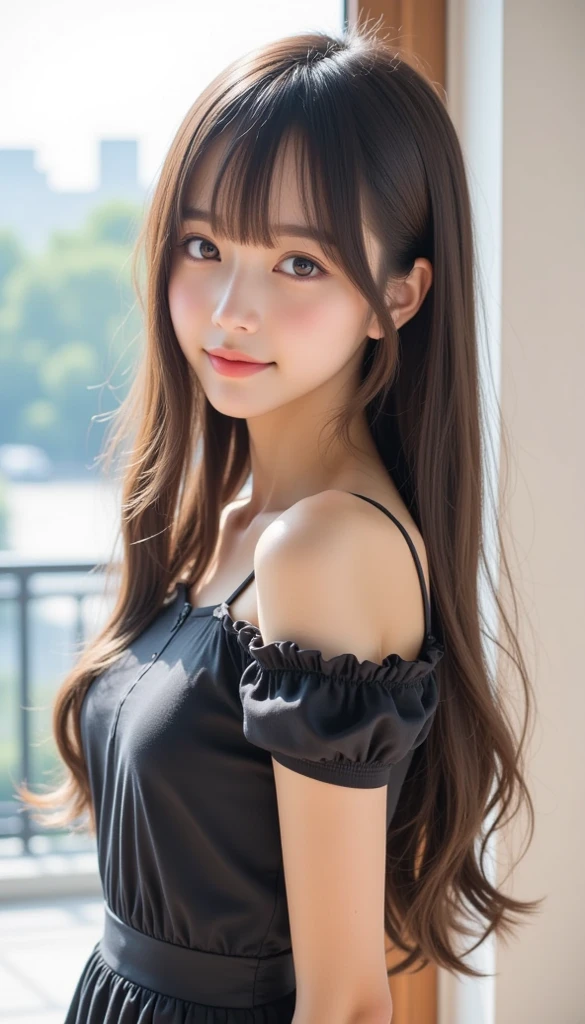 Highest quality, Ultra-high resolution, (Realistic:1.4), One Girl, High nose bridge, short hair, (Outside Bounce), drooping bangs, Flat Chest, smile, (True Face), (24-years-old:1.5), Face Focus,Bronze colored hair