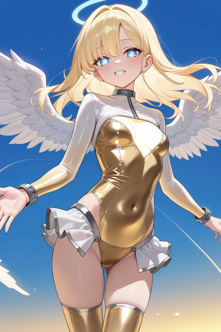 Egg-colored demon girl + Wear a white swimsuit with sleeves + white boots + It has white wings over black on its hips. + long yellow hair + yellow eyes + There is a small yellow star on the left cheek. + has a white tail + white ribbon + He has gray-white horns. + Has a black collar + There is a white shawl that leaves the middle