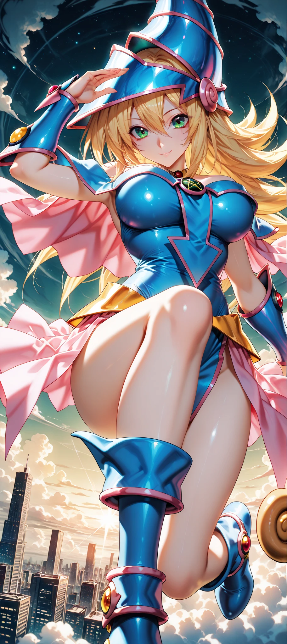 Black Magician Girl、super breasts、thick thighs、blonde hair、magic circle、8K, 4k, highest quality, High resolution: 1.2),winking、Nipples exposed、cute anime face、Pink blush on cheeks、noise removal、Leotard that bites into、have a cane、Hold your cane、Rear view、Turning around、full body portrait、T-back that digs into your butt、Glowing green eyes、Laughter