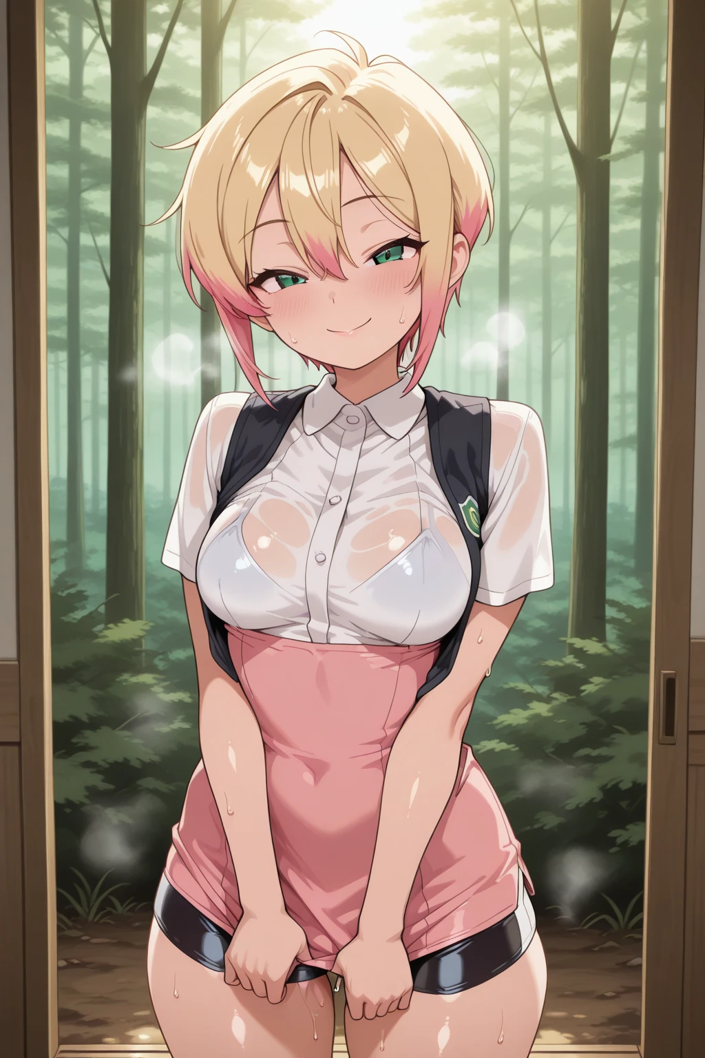 loli, blonde hair, big green eyes, low ponytail, parted bangs, classroom, wide hips, full body, short shorts, (masterpiece:1), (abundant detail:1), arched, elf ears, covered erect nipple