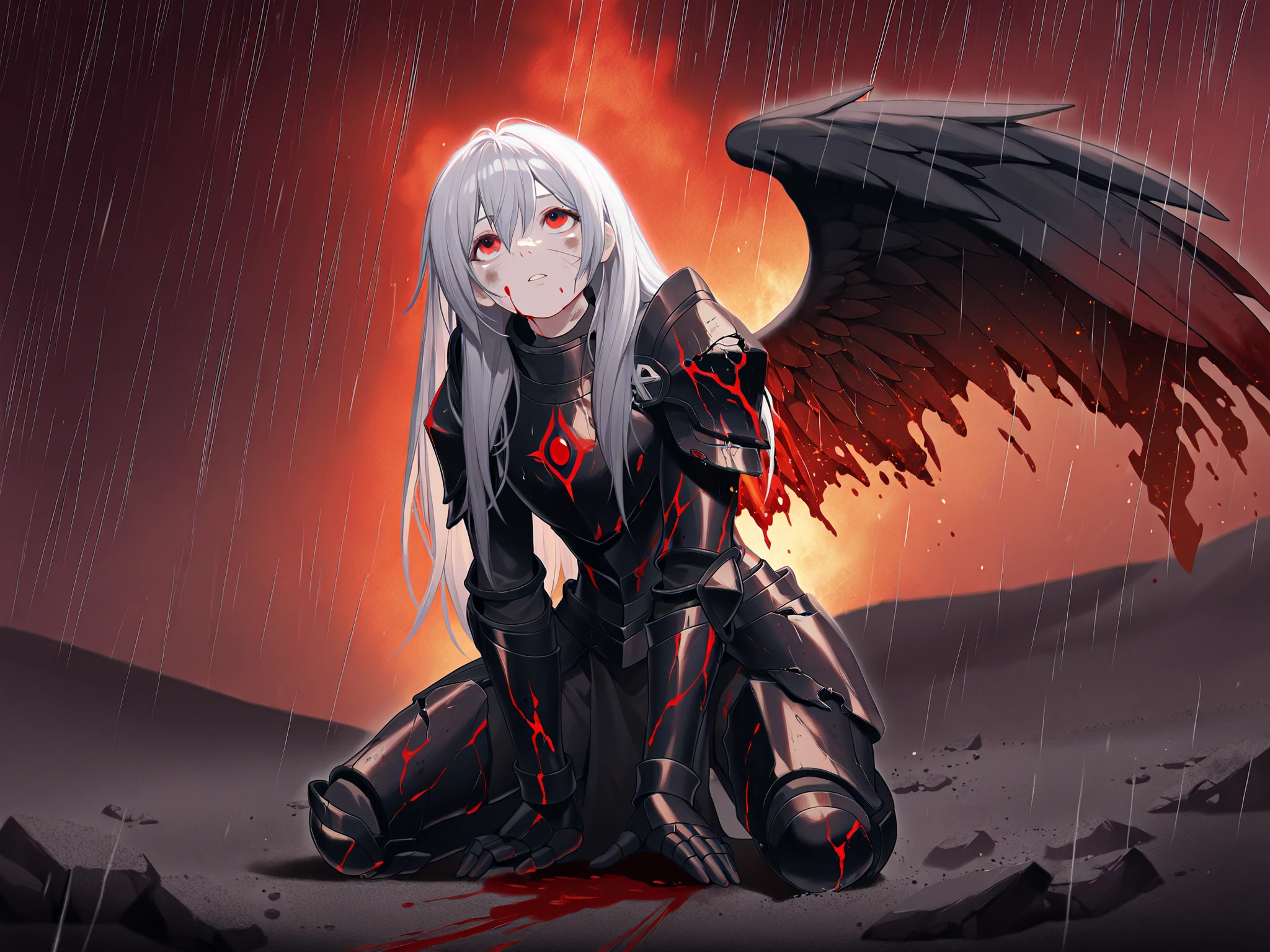 Burning Sky、Rain of Fire 、one young woman、 Silver Hair、long hair、tousled hair、Red Eyes、Wings with one wing、Damaged black armor、bleeding from the head、 with blood all over the body 、Body and face full of scars、body dirty with dirt and dust、 looking up from the ground 、masterpiece、top quality:1.5、