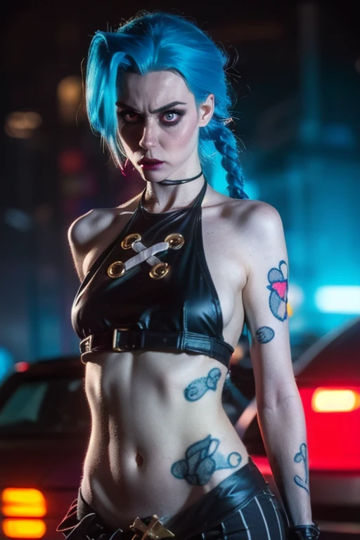Side viewer. Hyper realistic super detailed Jinx cosplay , ((Young girl, 15 years old)), Very detailed, (hyper realistic: 1.4), in dynamic pose, (((psycho face, evil, creppy smiling))), twin braids, long hair, blue hair, red eyes, tattooed, ((skinny Body)), ((angry face)), arcane style. ((Cinematic Explosion background, cinematic lighting)).