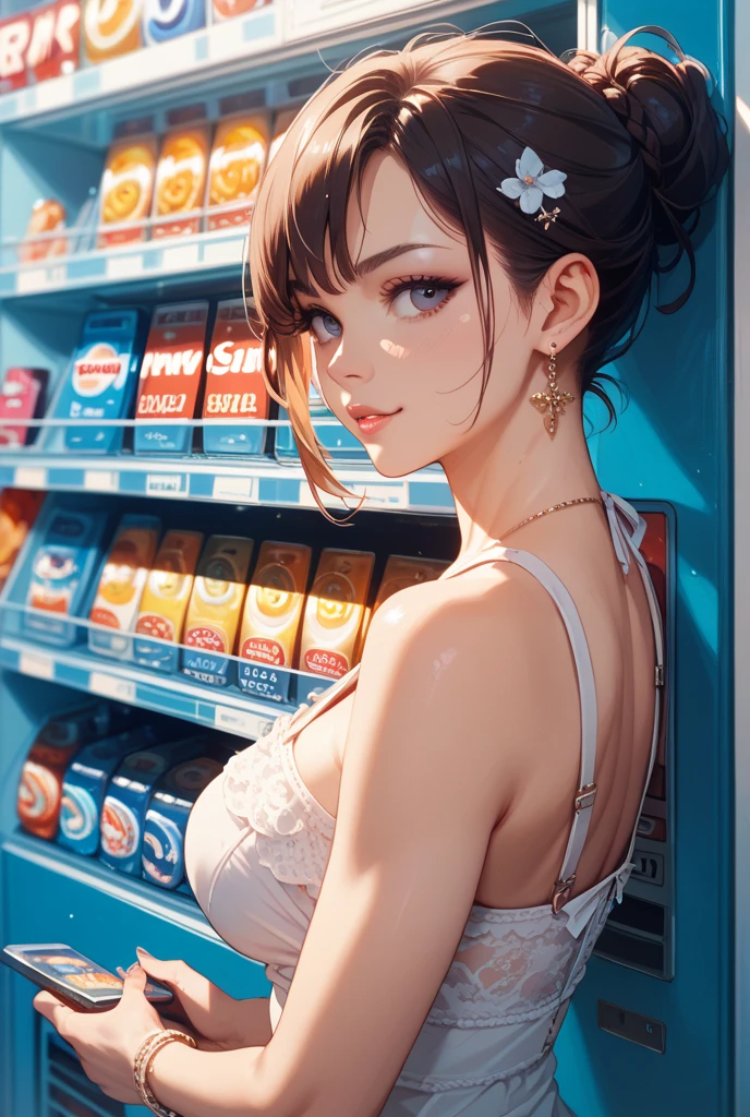 Hucow girl holding a big milk carton, masterpiece, candid photo, shy, short hair, big eyes, (detailed face), curvy, enormous breasts, two symmetrical horns, white (tight shirt), crop top, cute open cow patterned jacket, choker with bell, (in a colorful supermarket), mature female, thick thighs, earrings, high detail, ultra-detailed, retro, big lips