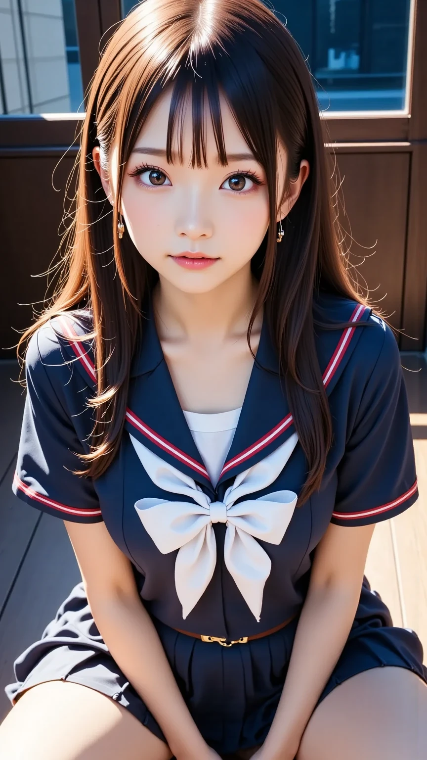 look up from above、pleated skirt、short sailor suit、undertaying outside、sexy panties、You can clearly see the shape of the dirty part、The wind blows up my skirt、surprised expression、the wind is strong