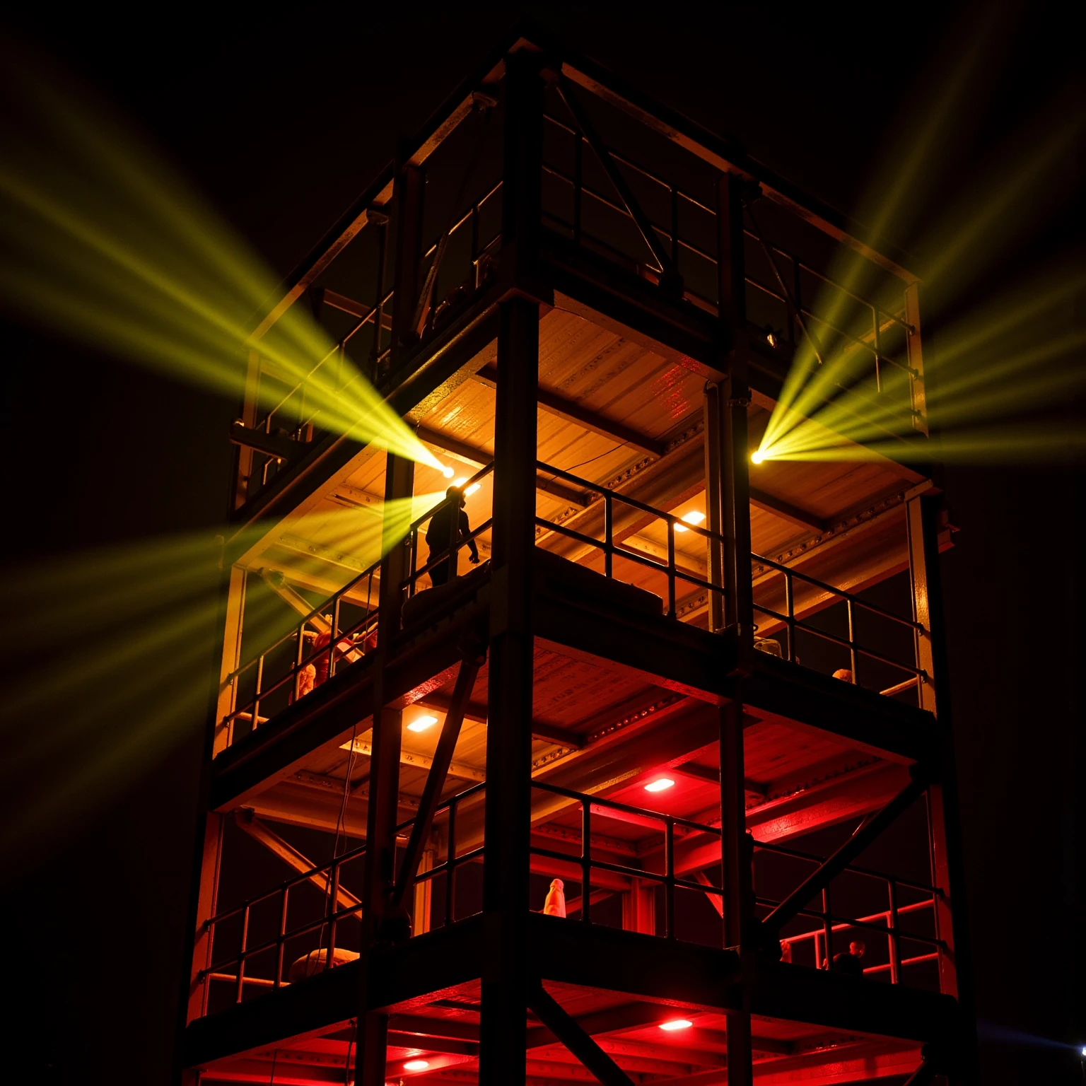 A dramatically illuminated industrial framework at dusk: The massive steel structure extends like a geometric skeleton against the dark sky. From behind, powerful spotlights cast intense light through the scaffolding structure - yellow rays penetrate the lower levels, orange light cones illuminate the middle section, and red spotlights illuminate the upper area. The overlapping light cones create a fascinating play of shadows and colored reflections on the metal struts. A single silhouette Moves on one of the upper platforms, their outline is dramatically accentuated by the backlight. The metal struts cast long, intersecting shadows, that create a complex pattern of light and darkness. drops of water or fog in the light of the headlights amplify the atmospheric effect. The steel structure shines moist in artificial Light, which creates additional light reflections. industrial photography style, dramatic backlight presentation, atmospheric night mood,  8k resolution 
