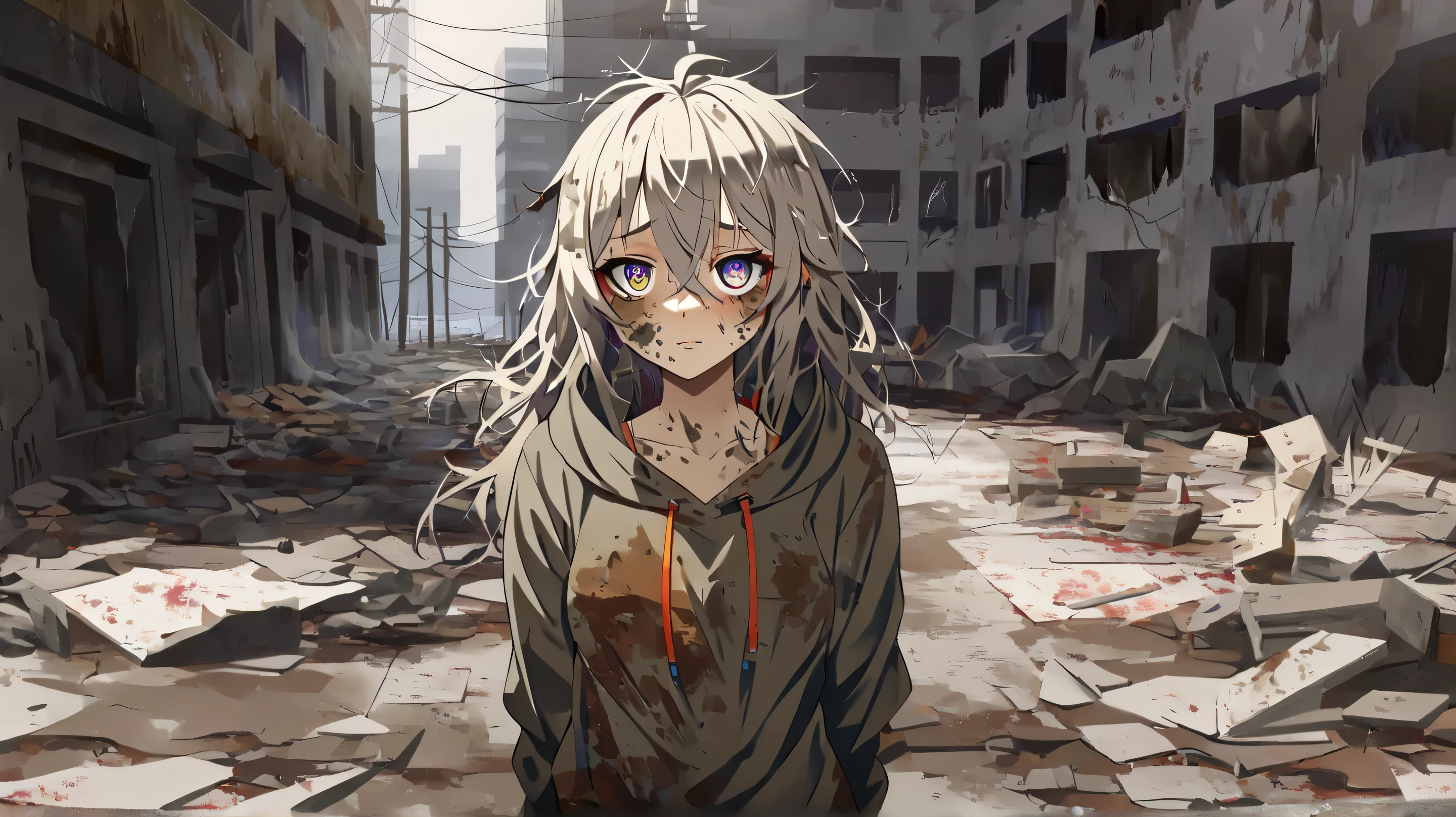 (masterpiece:1.3), (extreme detailed, colorful, highest detailed ,ultra-detailed:1.4), (an extremely delicate and beautiful:1.3)
BREAK, 1girl, (cute:1.3), alone, incredibly absurd, hoodie, (Dirty, dilapidated:1.5), (post apocalypse:1.3)
BREAK, messy hair above the eyes, (ultra detailed beautiful eyes:1.3),melancholic Facial expression, scenery, hurt, cinematic lighting, perfect composition, perfect anatomy.