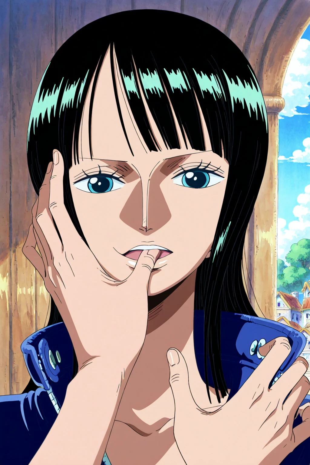 Nico Robin from one piece, black long hair in pony tail, blue eyes, dark wide pupils, ahegao face expression, big breasts, large size, fully nude, no clothes, 8k, milk stains on face, sweaty body, wet sperm on her face, blushing, giving a blow job, sucking on an big anime style dick