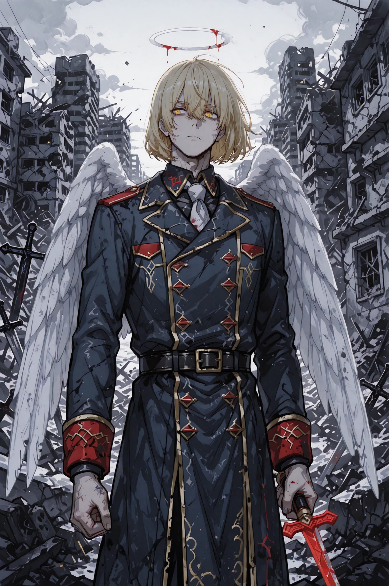 handsome anime-style man, male, around 23 years old, blond silky hair in a neck-length bob, all bangs swept strongly to the side, strong side-swept fringe, thin eyebrows, angel, large pure white wings growing from his back, European-style military uniform, slender yet muscular build, waist up, half body, from waist up, holding two bloodstained swords with both hands, crossing them in front of his chest in an X shape, cold and slightly seductive expression, captivating eyes, background of a ruined world with destroyed buildings and scorched earth, dramatic lighting, high resolution, high quality