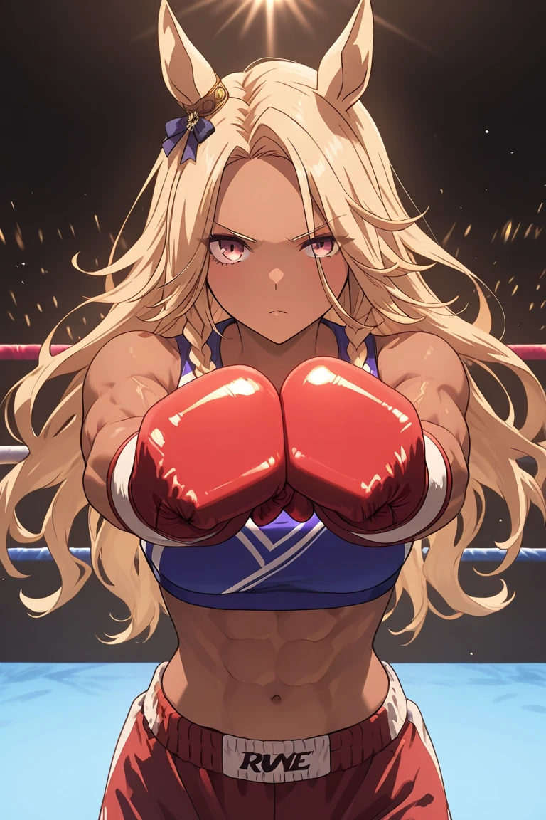 An anime-style illustration featuring a beautiful girl in a wrestling ring, executing a flying body press towards an opponent below. She has a fierce and determined expression on her face, showcasing her strength and focus. The scene is dynamic, capturing the intensity and action of the moment in a classic wrestling setting.corner post,