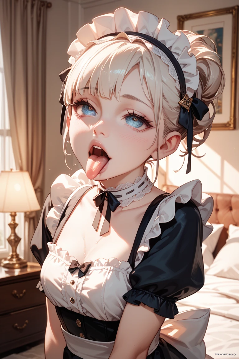 Luna Saprismatic River, masutepiece, Fine detail, 4K, 8K, Solo, One Person, Beautiful Girl, caucasian female, Golden Eyes(Heart shaped pupils) Black hat、Moonsa Plasma, a blond、short-hair、Hats, Bedroom background、fullnude、Face during estrus、enchanting posture、full body seen、beautiful countenance、good breasts、It is dripping with the mouth open and the tongue sticking out、Beautiful breasts