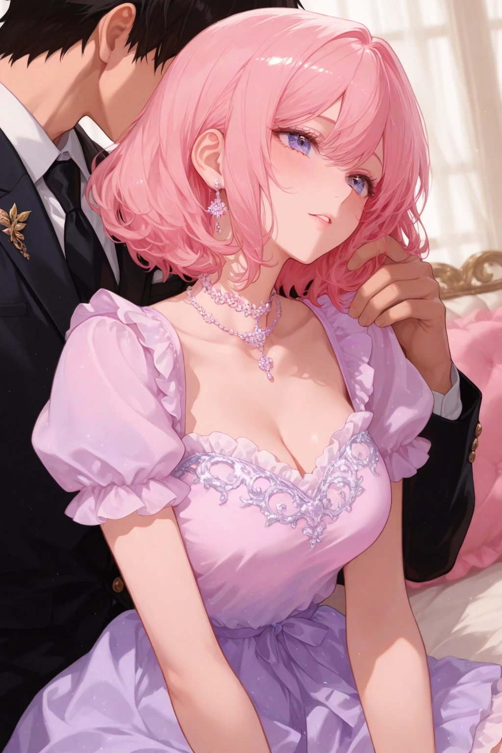 ((highest quality)), ((masterpiece)), (detailed), (Perfect Face)、(The woman is Lena, a dignified evil emperor with short pink hair and a happy smile, and the man is naked from the waist down and has sex with the woman on a luxurious bed in a luxurious bedroom.、The woman is wearing a voluminous black dress with gorgeous jewels, a gorgeous jeweled dress skirt, a gorgeous cape with fur, an engagement ring, a gold jeweled tiara, a gorgeous head dress chain, a gorgeous jeweled necklace, gorgeous earrings, gorgeous bracelets, gorgeous ankle bracelets, a gorgeous jeweled waist chain, and an engagement ring.)、The man is a powerful, elderly, evil, great emperor wearing a luxurious black costume, a luxurious fur cloak, and a magnificent crown. He takes off the woman's clothes on a luxurious bed, inserts his penis into her pussy, and has sex with her.