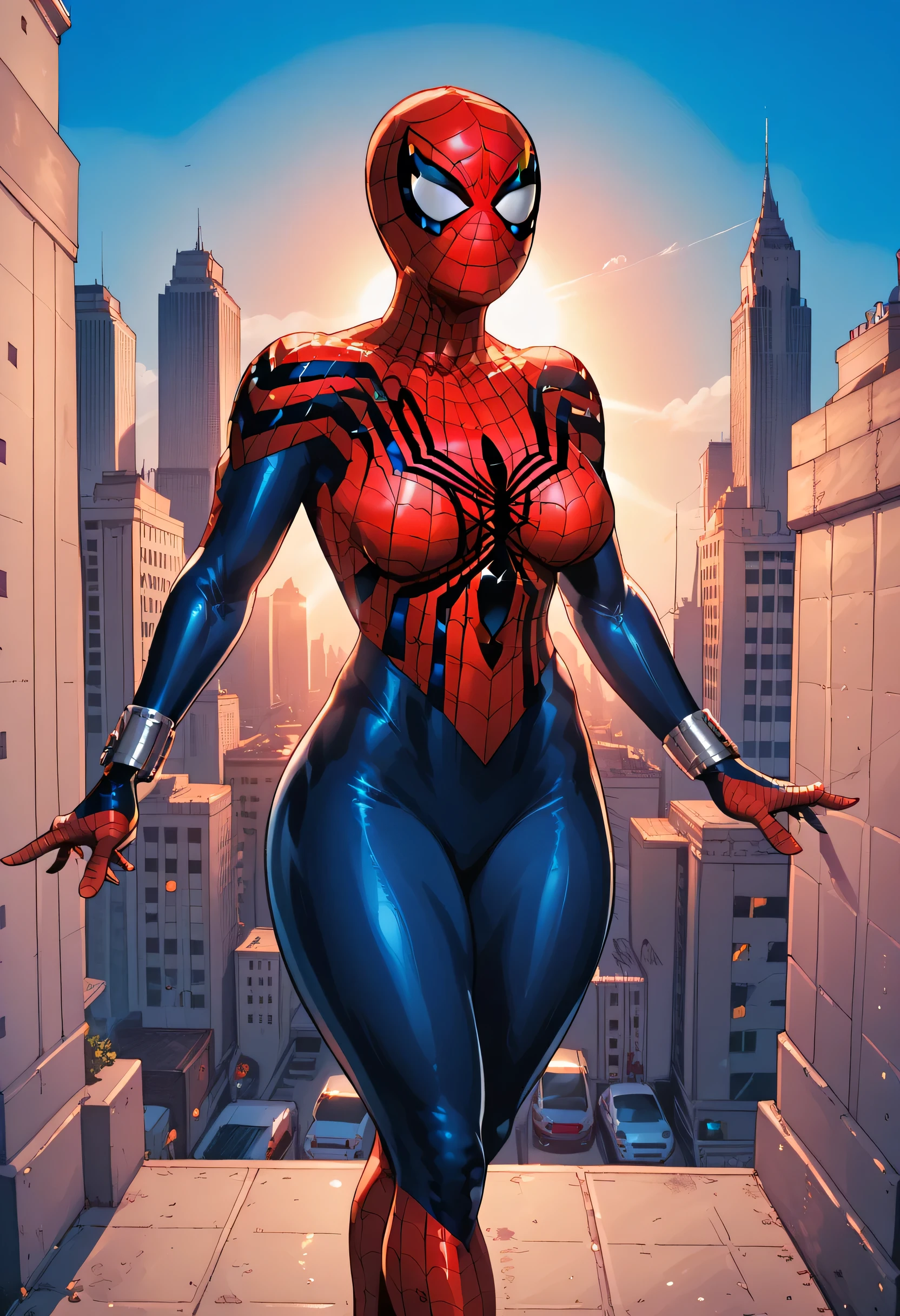 Perfect Face, Perfect Body, (Female Spidergirl), (Large Breasts, Perfect Breasts), (Red Bodysuit, Blue Bodysuit, Spider Girl Bodysuit), Standing, (Thick Thighs:1.3), Looking At Me, (Blue Sky, City, Sun)