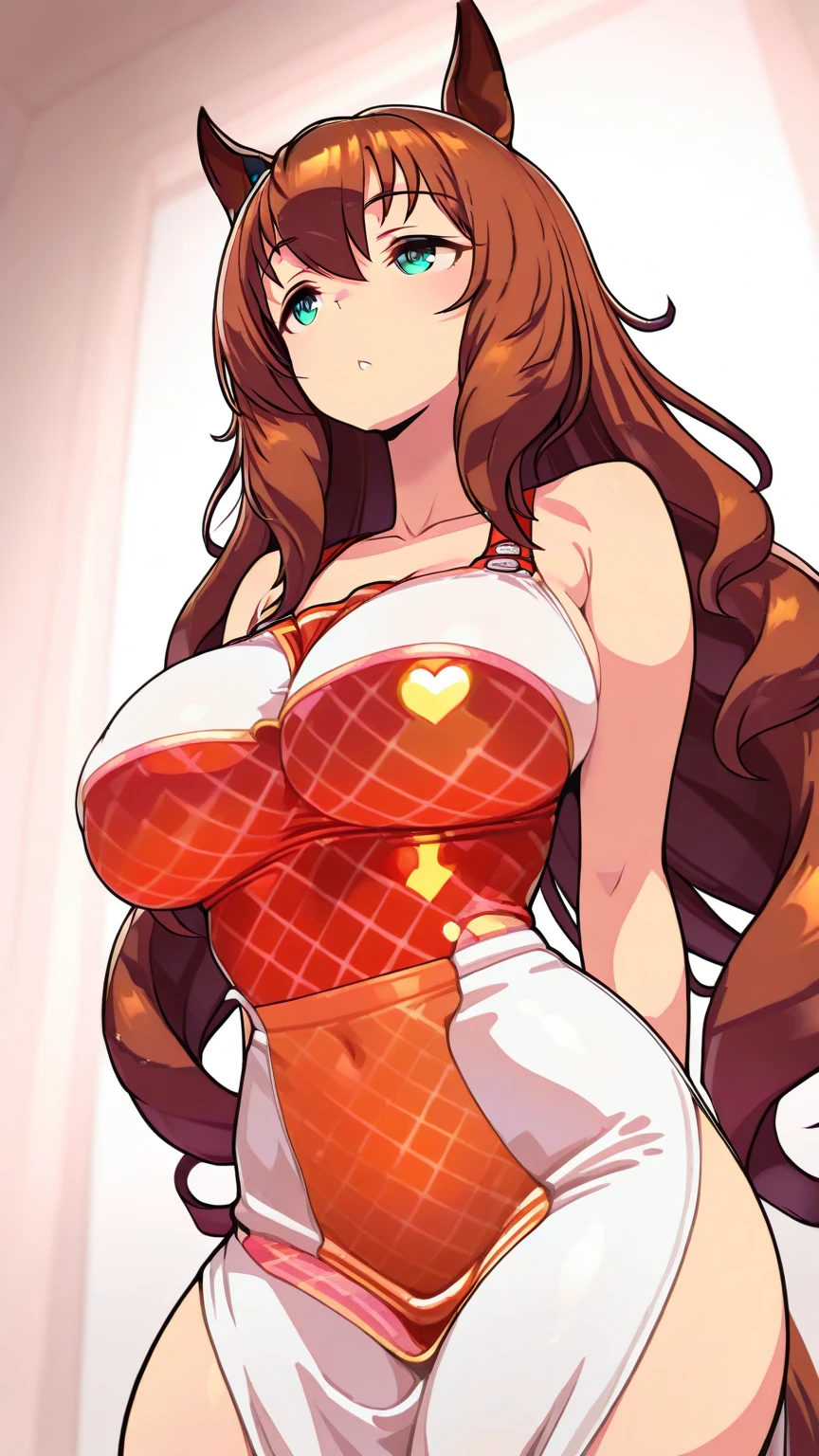 power,（A white border around a red rectangular background：2.5），Back view，Sitting down，Expose the back，Evil smile，huge tit，whitesweater，High detail,Moles under eyes, Heart-shaped pupils，Love pupils，cropped shoulders，Lots of hearts，Fleshy thighs,highly rendered，detailed face with