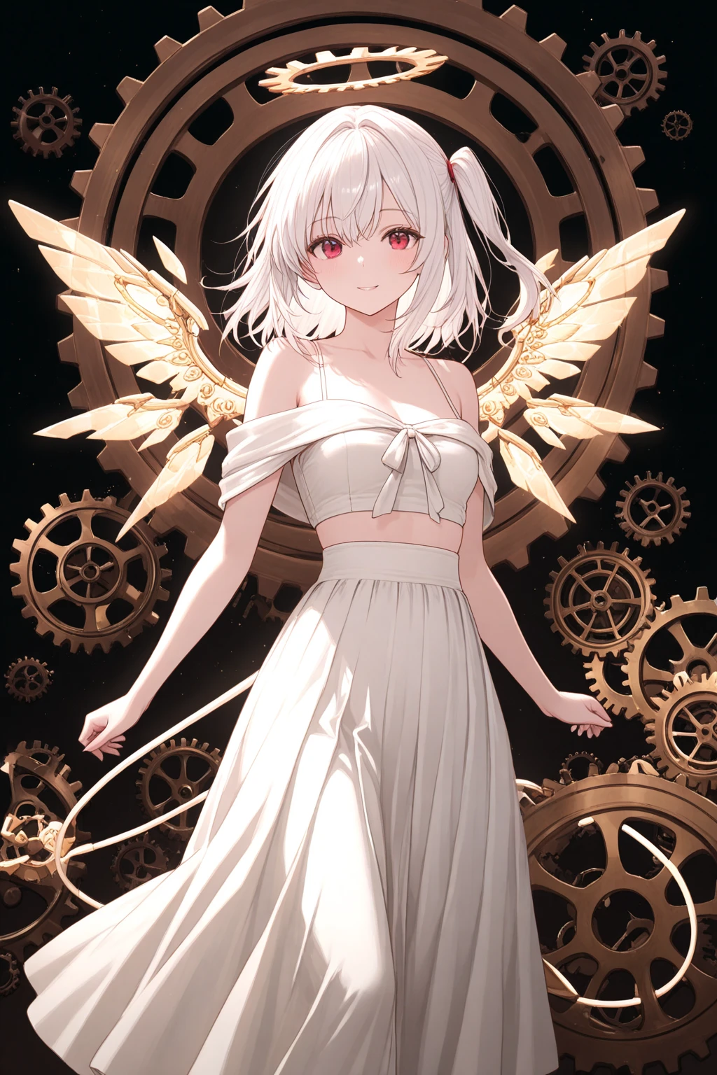  ((Highest quality)), ((masterpiece)), (detailed), One girl, Off the shoulder, blank White Background, Plain background, White Background, Red and white outfit, Inspired by Bloodborne, occult aesthetic, occult, detailed and intricate steampunk and detailed gothic, Browsing Caution, Very dramatic and cinematic lighting, Space horror, dark, Side light, Perfect Face, Browsing Caution, Fluttering lace flared long Knee length dresses with frilly petticoats, Knee length dresses, Pleated petticoat, Lolita Dress, Petticoat Gothic Lolita, Intricate lace boots, Side light, Gothic Lolita Aesthetics, Wield a powerful sword equipped with mechanical parts, Wings of different kinds of insects, Browsing Caution, full body, whole body, body, Plain background, White Background, Blank Background, No background, White Background Browsing Caution, chain, full body, whole body, head-to-toe Browsing Caution 
