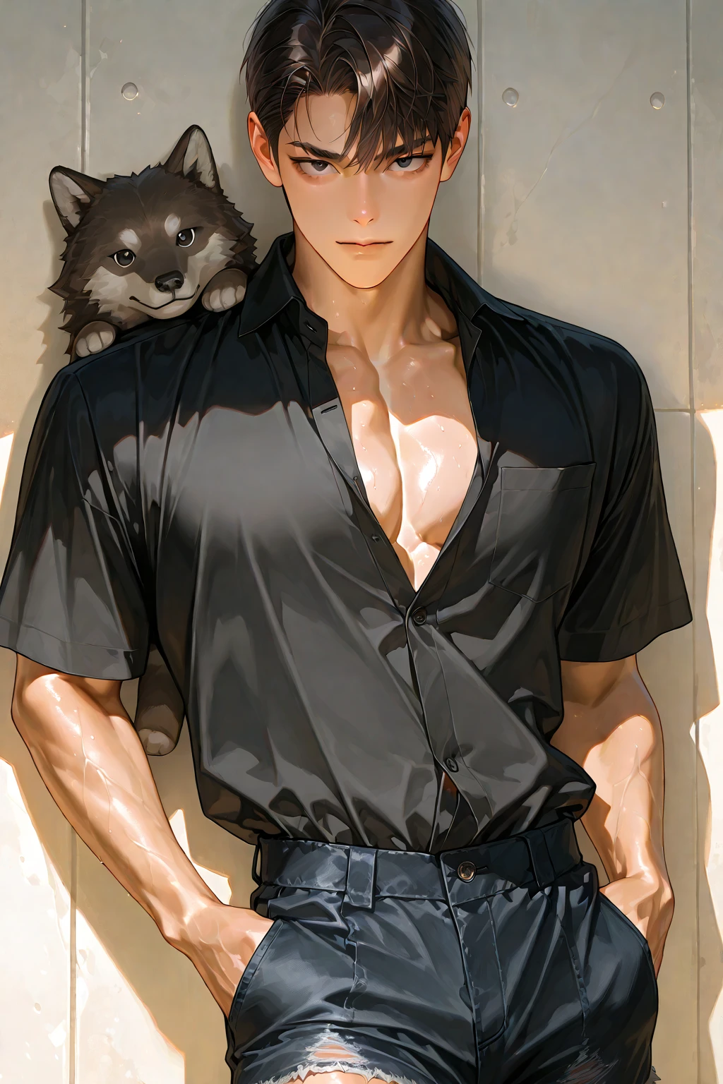 a close up of a person holding a cat in a room, muscular!!, handsome guy in demon slayer art, handsome saitama, muscular!, manhwa, anime handsome man, barrel chested, shirtless, handsome anime pose, okabe rintarou, kentaro miura manga style, prefect body, kentaro miura manga art style