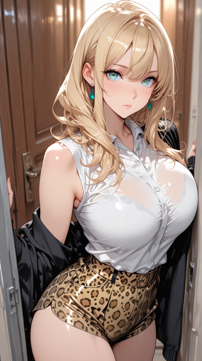 (masterpiece, best quality, unity 8k wallpaper, highres, absurdres, background), depth of field, perfect lighting, cinematic shadows, solo, BREAK
(super_beautiful_detailed 1girl saggy_very_long_breasts hair gloss_hair kind_eyes face nose mouth shiny_skin, lender:1.3, constricted waist:1.3), rupeedef, <lora:rupee-nikke-richy-v1:1>, BREAK
(super_beautiful_detailed white_shirt skirt hair_ornament hair_clip hair_ribbon underwear leopard_print cleavage jewelry choker:1.2), BREAK
(pause scenery background wonderful_match:1.2), light grin smile, luxury bedroom