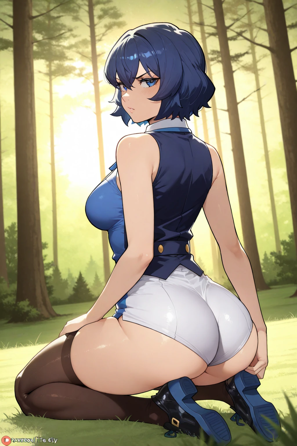 cowgirl's massive rear butt cheeks from behind out of bottomless spaghetti strap tank top out bare and wet boots spreading her legs, gloved hands hidden behind head, sunglasses