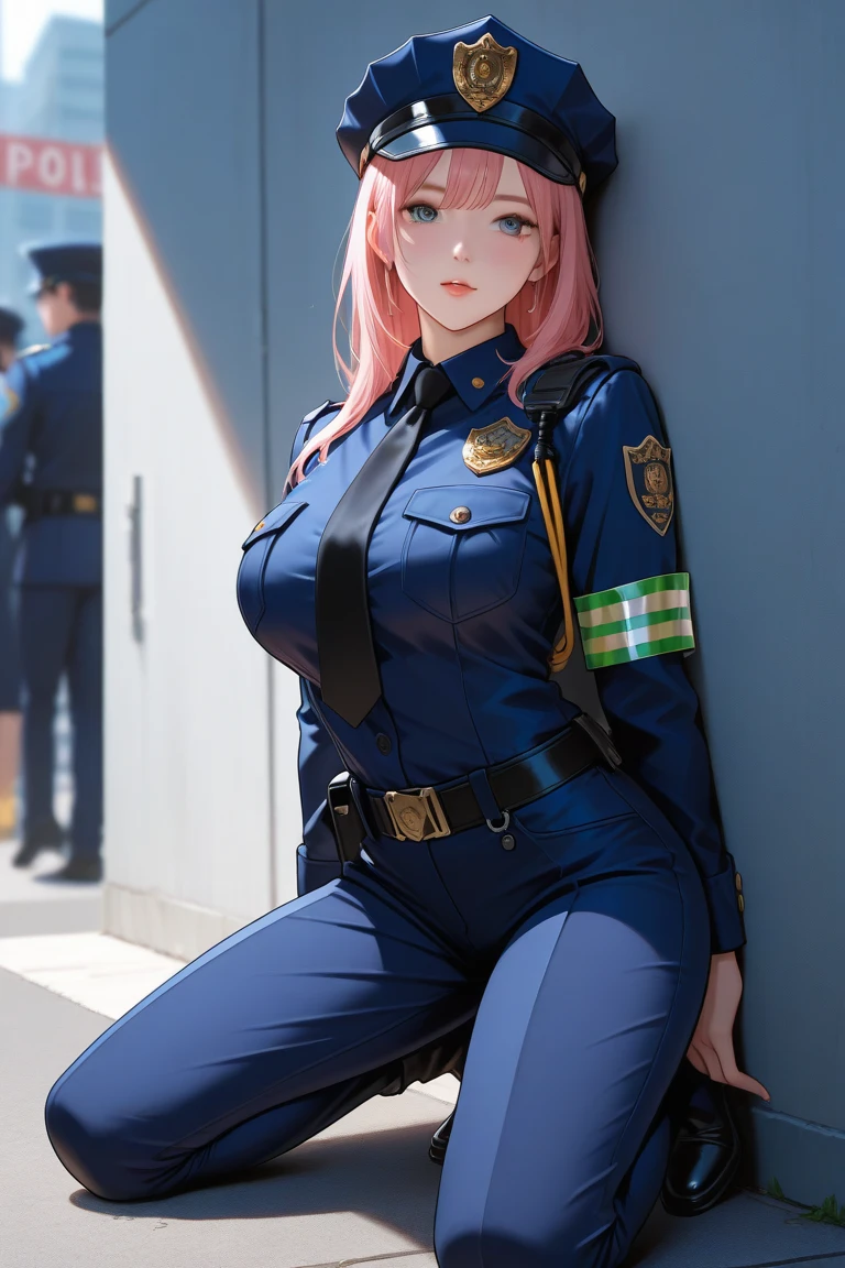 masterpiece, best quality, realistic, 1girl, sexy police officer, thick thighs, f-cup breast, dress view, (PureErosFace_V1:0.6), long pink hair