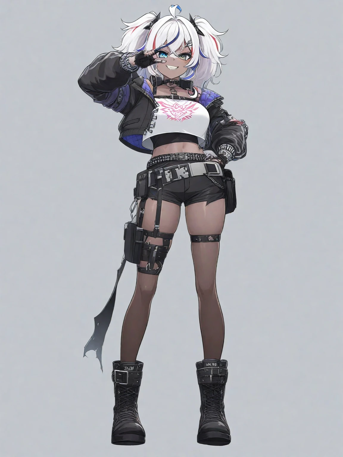 1girl, silver wolf \(honkai: star rail\), solo, cropped jacket, full body, fingerless gloves, cityscape, black shorts, eyewear on head, single fishnet sock, black footwear, thigh strap, hair ribbon, crop top, choker, drill ponytail, standing, depth of field, (extremely detailed CG unity 8k wallpaper,masterpiece, best quality, ultra-detailed:1.2), nice hands, perfect hands, <lyco:GoodHands-beta2:1.0>