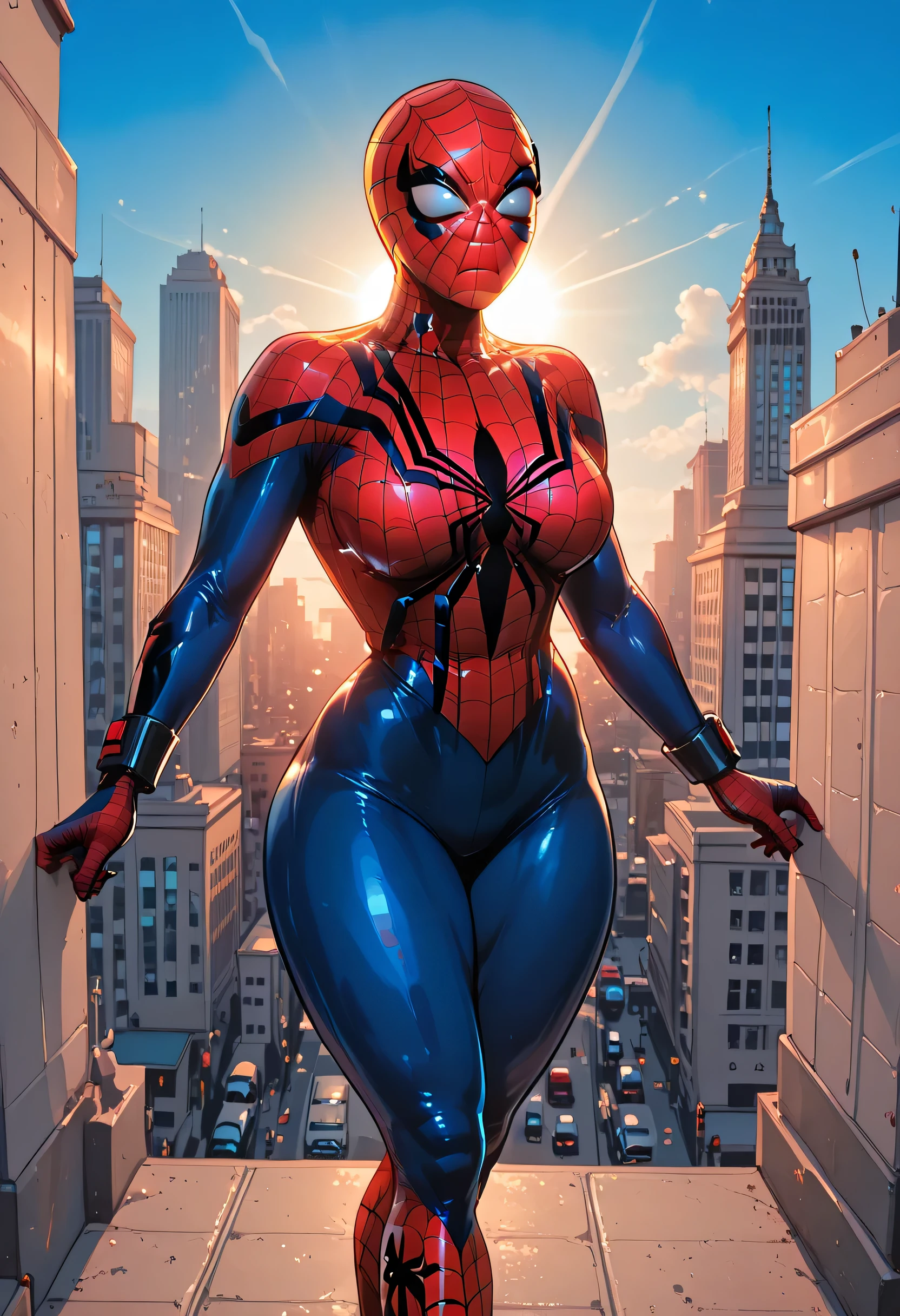 Perfect Face, Perfect Body, (Female Spidergirl), (Large Breasts, Perfect Breasts), (Red Bodysuit, Blue Bodysuit, Spider Girl Bodysuit), Standing, (Thick Thighs:1.3), Looking At Me, (Blue Sky, City, Sun)