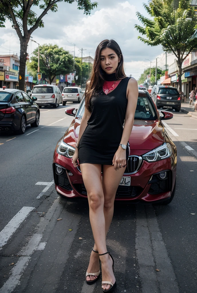 High resolution 8K、( highest quality), Super detailed, (masterpiece), 25 years old), (from whole body to toes:1.2)、((side shot:1.1))、((sitting on the hood of a car)),((lace queen'colorful costumes)),(Pose with hair tied with both hands),(big breasts and big butt)、(smile at the camera)、( smile while looking at the camera ),(full body shot:1.1) ,((Side view:1.1)),(short ponytail),(Photoreal:1.1),((スポンサーにはOptimismのロゴが印刷されます.Optimism;grid girl costume..:1.3)), (ultra thin bikini) , (look at me and smile)、