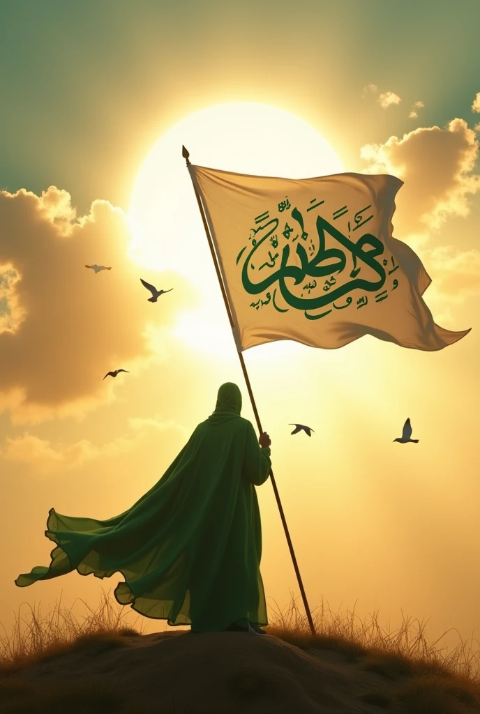 A muslim person waving islamic green flag and his white kurta back writing asif in english