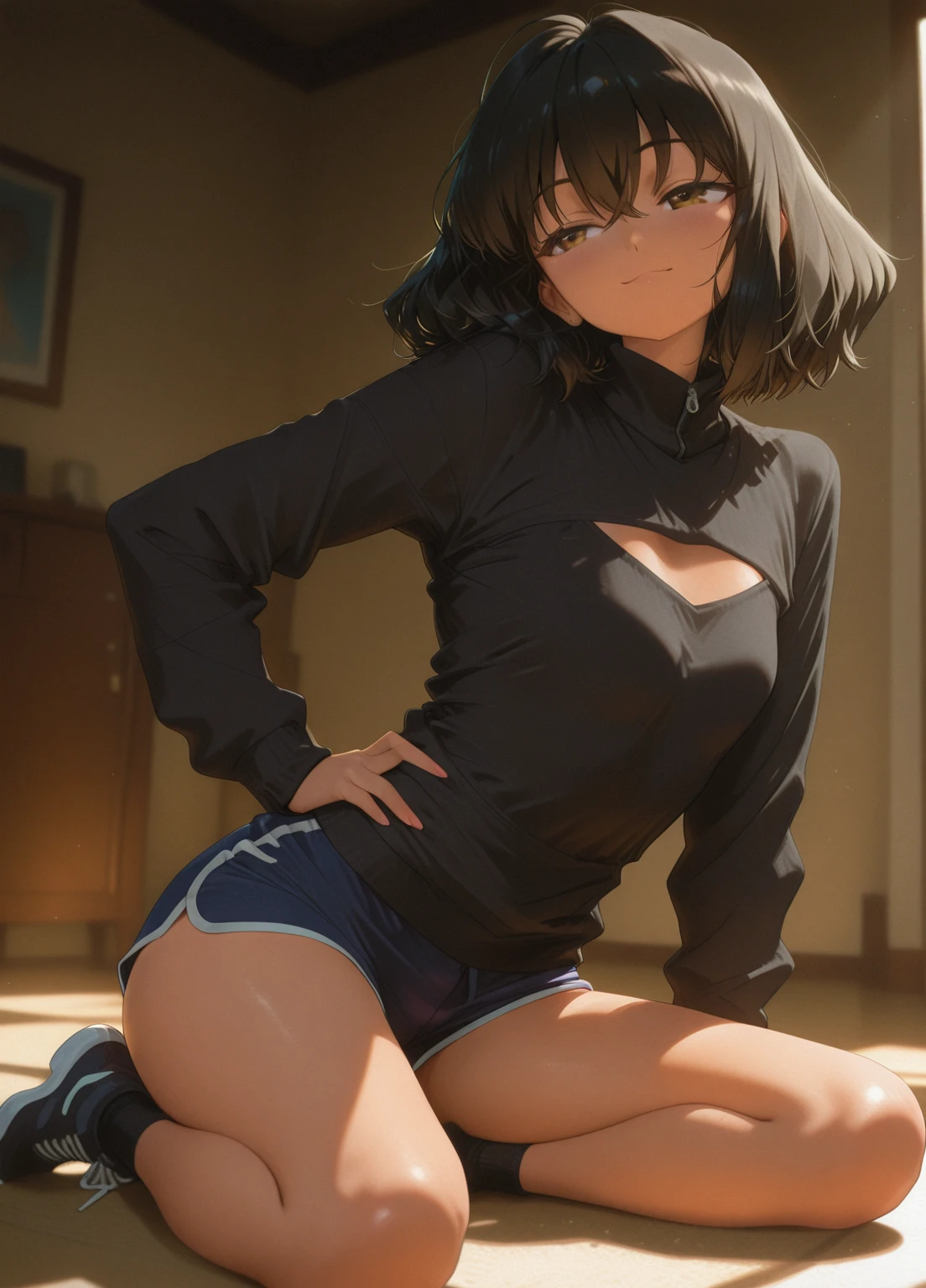 (masterpiece, best quality:1.2), 1girl, standing_split, long black hair，white turtleneck sweater，sports Shorts，Pantyhose