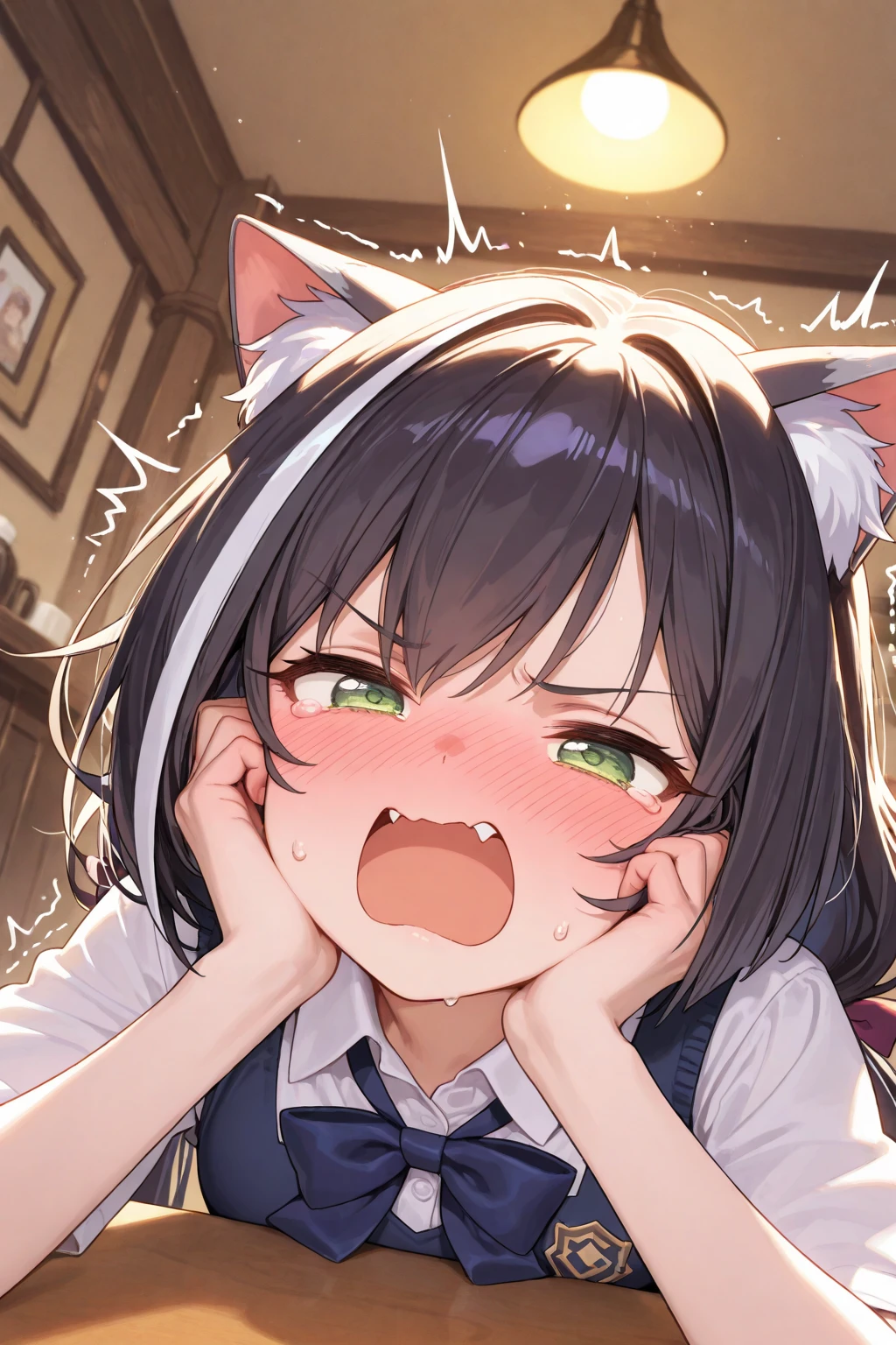 1girll，（（8K，RAW photos，top Quority，tmasterpiece），Large breasts，in the breast，（Bare upper chest：2）， inside in room， No bra ， heavy breath， sexual expression invite，face ，（（The blush is violent：1.8，(Wet body:2，(white colors)，（ahegao：1.2）)），(The milk was knocked over:1.5）Orange eyes，（with her mouth open：1.5），Tongue stock，Stick out your tongue ，Wet body，HD RAW color photo professional close-up Photograph，（realisticlying，realisticlying：1.37），（HighestQuali），（Best shadow），（Most Best Illustration），），（（，Raised sexy，超高分辨率，HD CG unified 8K wallpapers，physically-based renderingt，cinmatic lighting），（aegyo sal：1） beatiful detailed eyes，Light on the face，（（full body shot shot：1.2）Overlooking），Particularly bright light，（Upper Eye，grinning smile：1.2），shiny skins，((A white wet body is the best:2)，(Milk spillage:2，))ulzang-6500-v1.1：0.2，is shy，（flash lights：1.2），NSFW，（puffynipple)，（（tempting pose：1.2，big breasts enchanting：1.2）），（Idle）（Good anatomy：1.2）），（（Bright and refreshing classroom，The background is blurred out： 1.2）），s the perfect face，cute  face，（high-angle shot：2）full bodyesbian((Wet body:2)，(Sprinkle with plenty of milk，))，Attractive female body，big breasts beautiful，The most famous in the world，Detailed eyes，Brunette wolf girl，Wolf ears，Wolf tail，short detailed hair，Sexual suggestiveness，Lace panties，((Exposed panties: 2))，