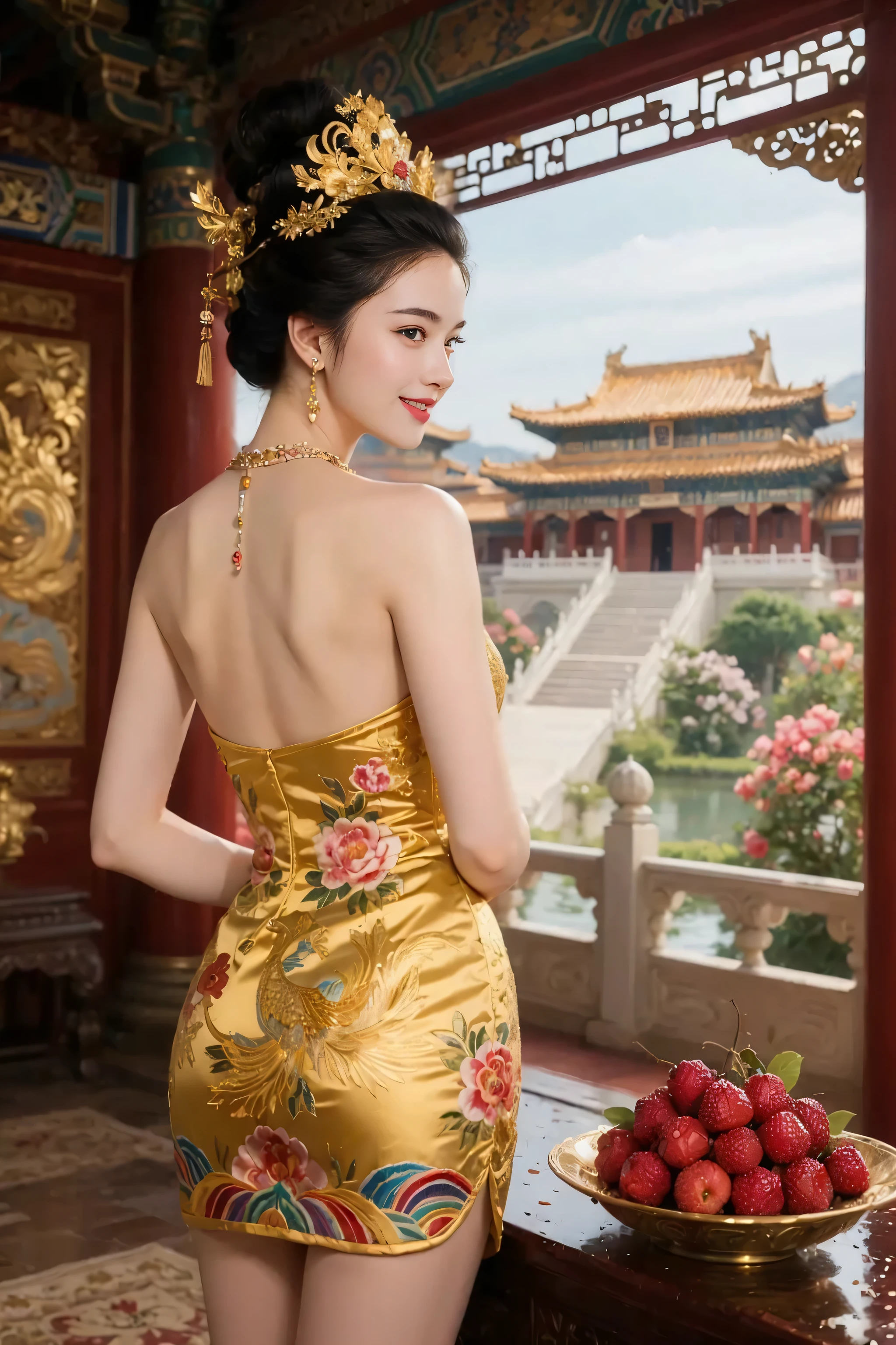 (realistic:1.3), finely detailed, quality, rembrandt lighting, (masterpiece:1.2), (photorealistic:1.2), (best quality), (detailed skin:1.3), (intricate details), dramatic, ray tracing, 1girl, chinese girl, 21 years old, detailed skin texture, (blush:0.5), (goosebumps:0.5), subsurface scattering, smiling, medium breasts, short hair curls, bangs, hair between eyes, lun4r_dr3ss,sexy, red cheongsam, gold embroidery, long sleeves, cleavage cutout, large ornate headdress with gems, cowboy shot, (bright sunny day, outdoors, (on the great wall of china, mountains, sky:1.2)), <lora:lun4r_dr3ss-06:0.8>