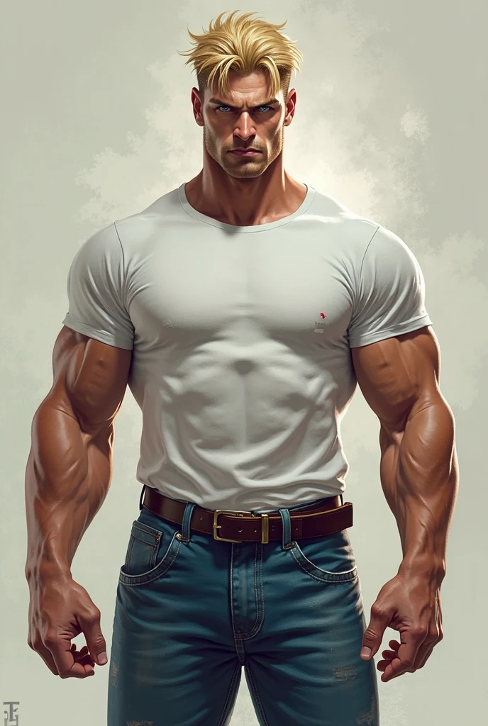 masterpiece, handsome , clear face and eyes, best quality, muscular, bara, mature male,wearing tight white shirt,crew haircut, large pectorals, huge arms and hands, white jeans, thick eyebrows,white background