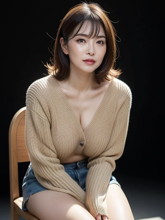 (RAW shooting, Photoreal:1.5, 8k, highest quality, masterpiece, ultra high resolution), perfect dynamic composition:1.2, Highly detailed skin and facial textures:1.2,beautiful and aesthetic:1.2, full body, sneakers, Fair skin, (large breast:1.4, Chest gap:1.4),(ayuhara natsu,asian,earrings,necklace,1girl, tall, long legs, makeup, black hair, short hair,perfect thigh, tight short shorts,tight red jacket,bandages,knee pads),(simple background:1),