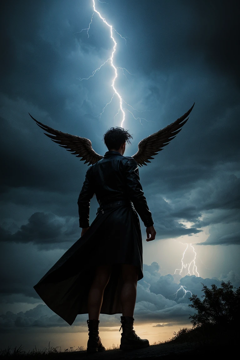 Full body shot of angry  guy from Korean with a singer idol appearance, flying in the air with black devil wings, lightning,  ,handsome, brown boots , nude body , midnight, raised a light power,torch, small soft man penis.