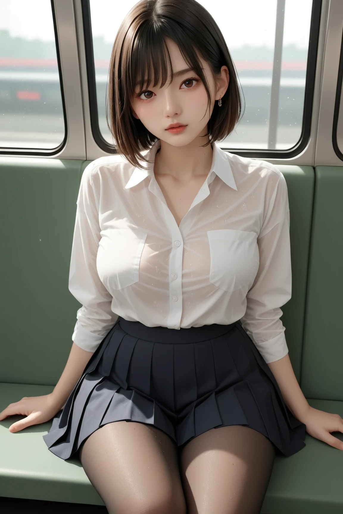 1 woman, thick thighs, Sitting on the train, School uniform, Realistic, Raw photo, White shirt, Pleated skirt, black loafers, short Hair, Looking at Viewer, Best Quality, large breasts, full body, cleavage, black pantyhose,